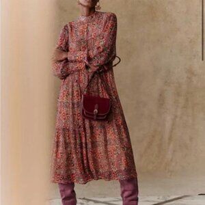 Sezane Dusty Rose & Coral Floral Long Sleeve Midi Dress